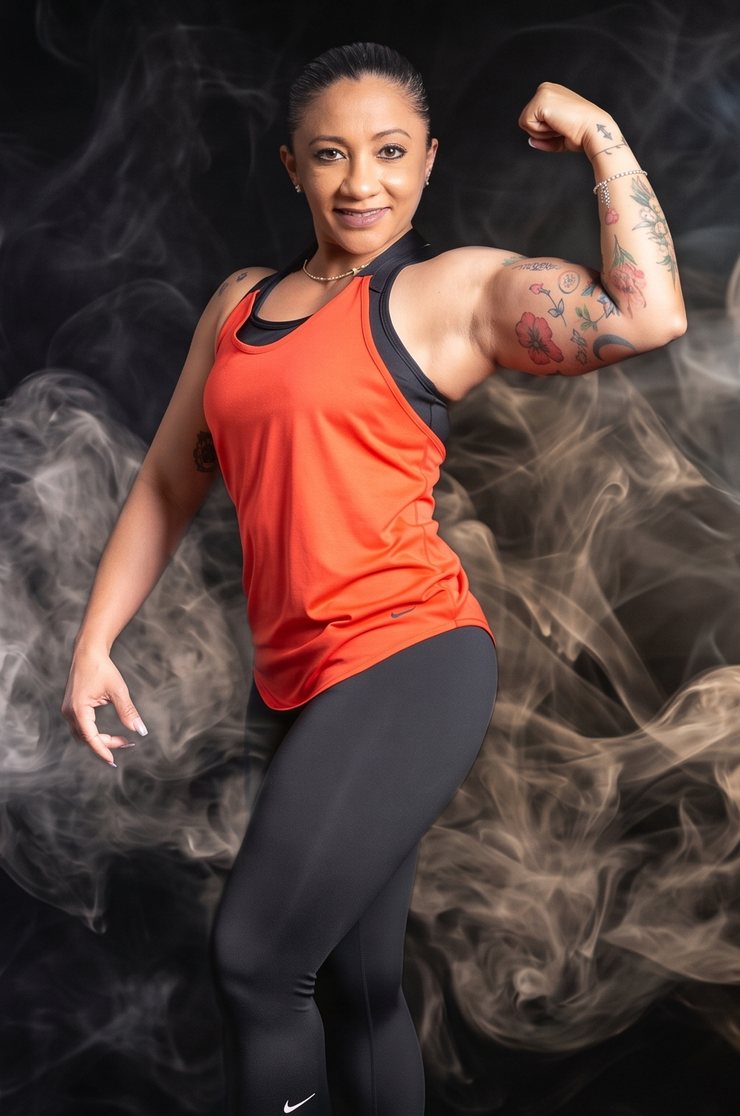 Irma Morales flexionando el brazo